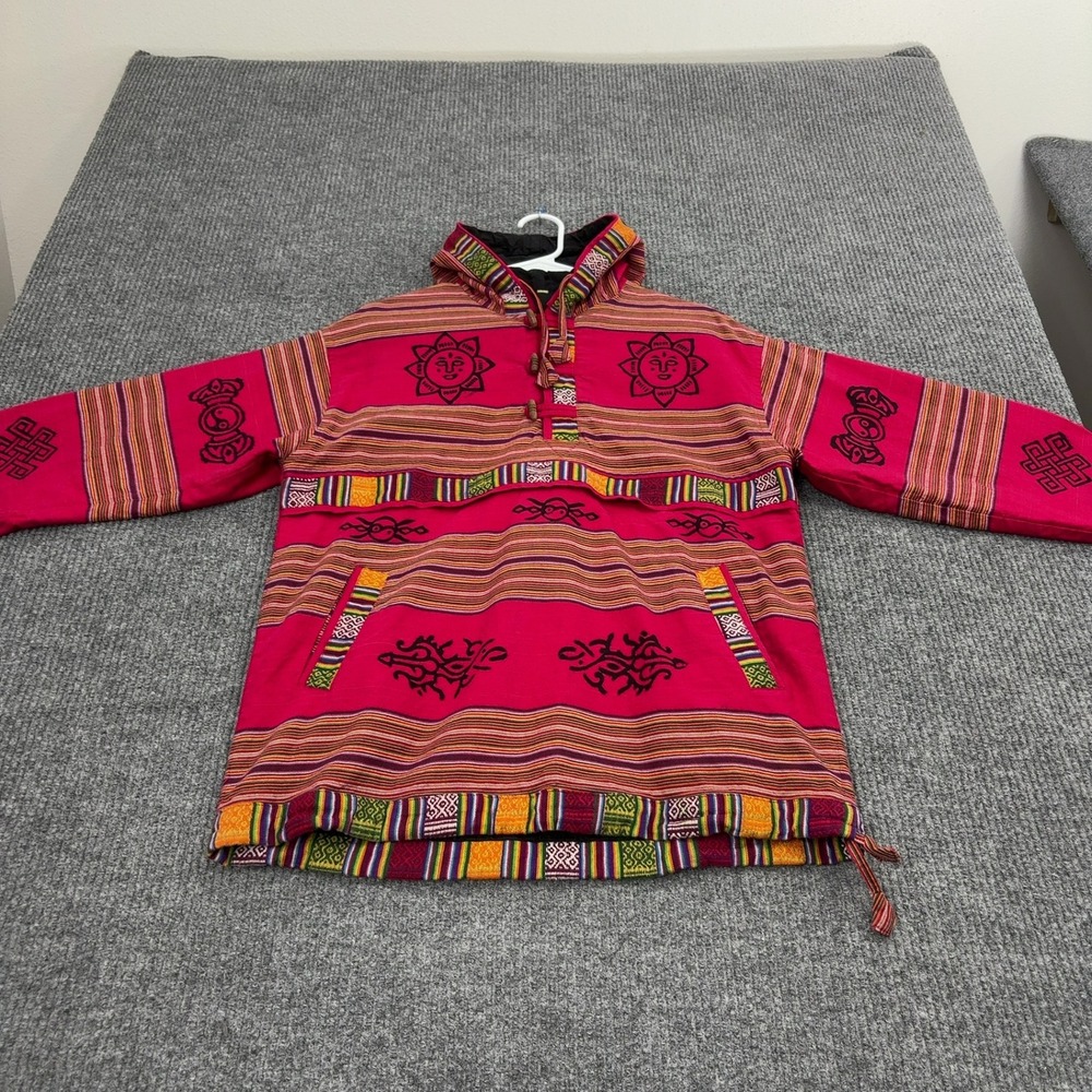 Vintage Baja Hoodie Mens L Pink Cotton Sun Yin Yang Pullover Gorpcore Boho Style